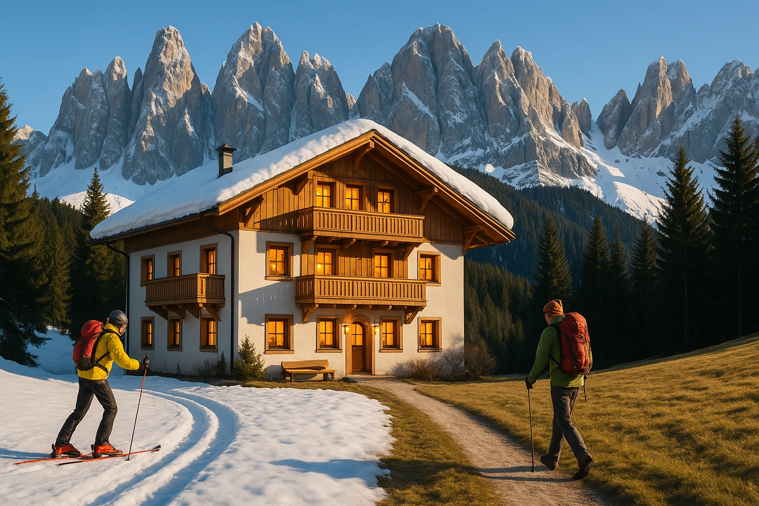 Alpine chalets in the Dolomites with snowy trails