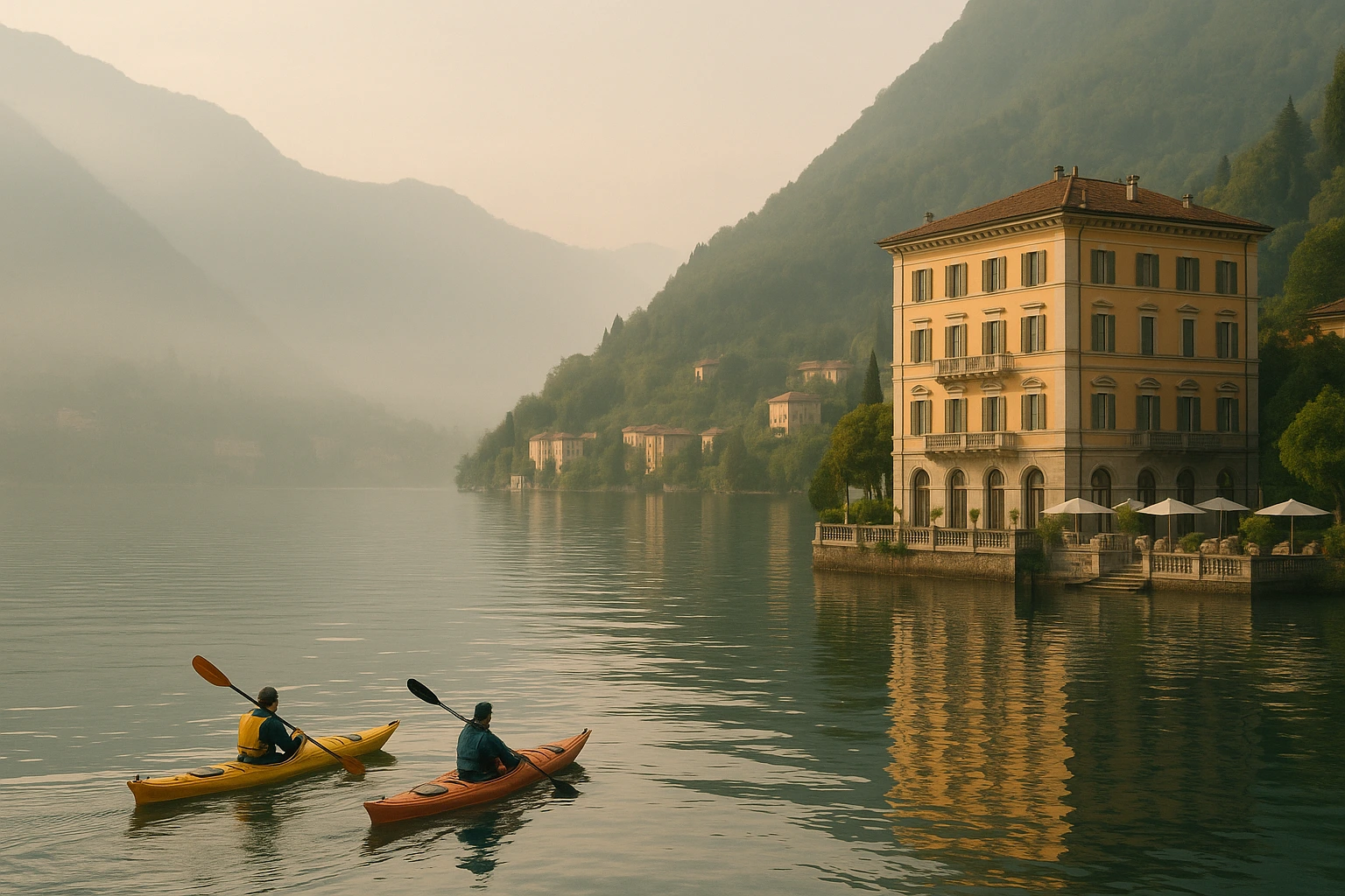 Kayakers paddling near elegant villas on Lake Como