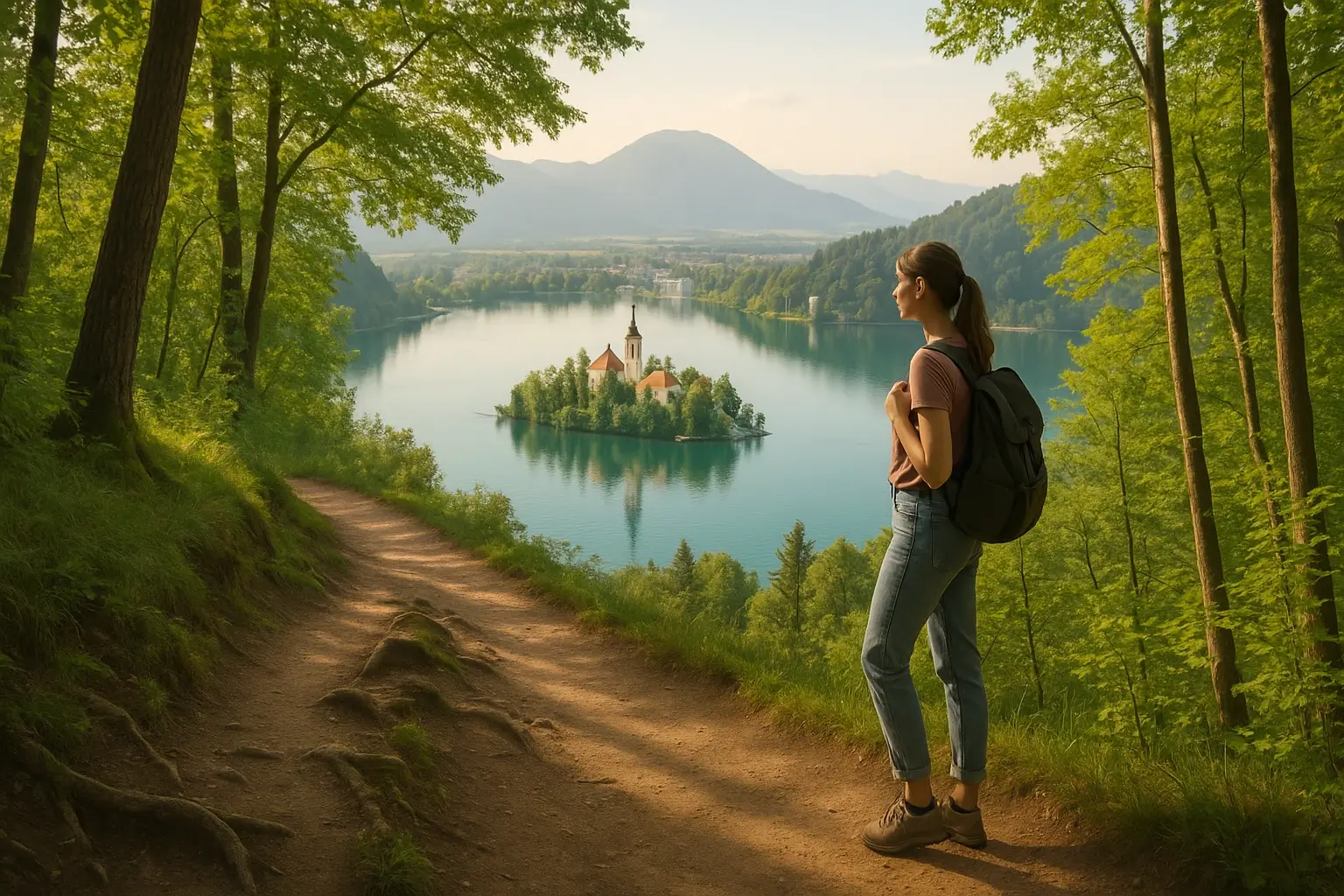 Slovenia Lake Bled hiking trail with emerald waters