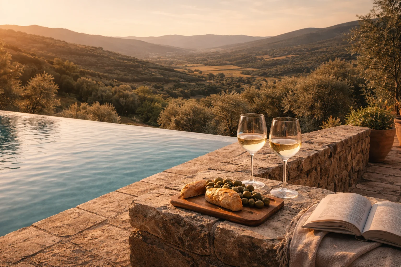 Private villa with an infinity pool — the affordable luxury vacation sweet spot — overlooking a Portuguese valley at golden hour, terrace set for two with wine and local bread, warm evening light