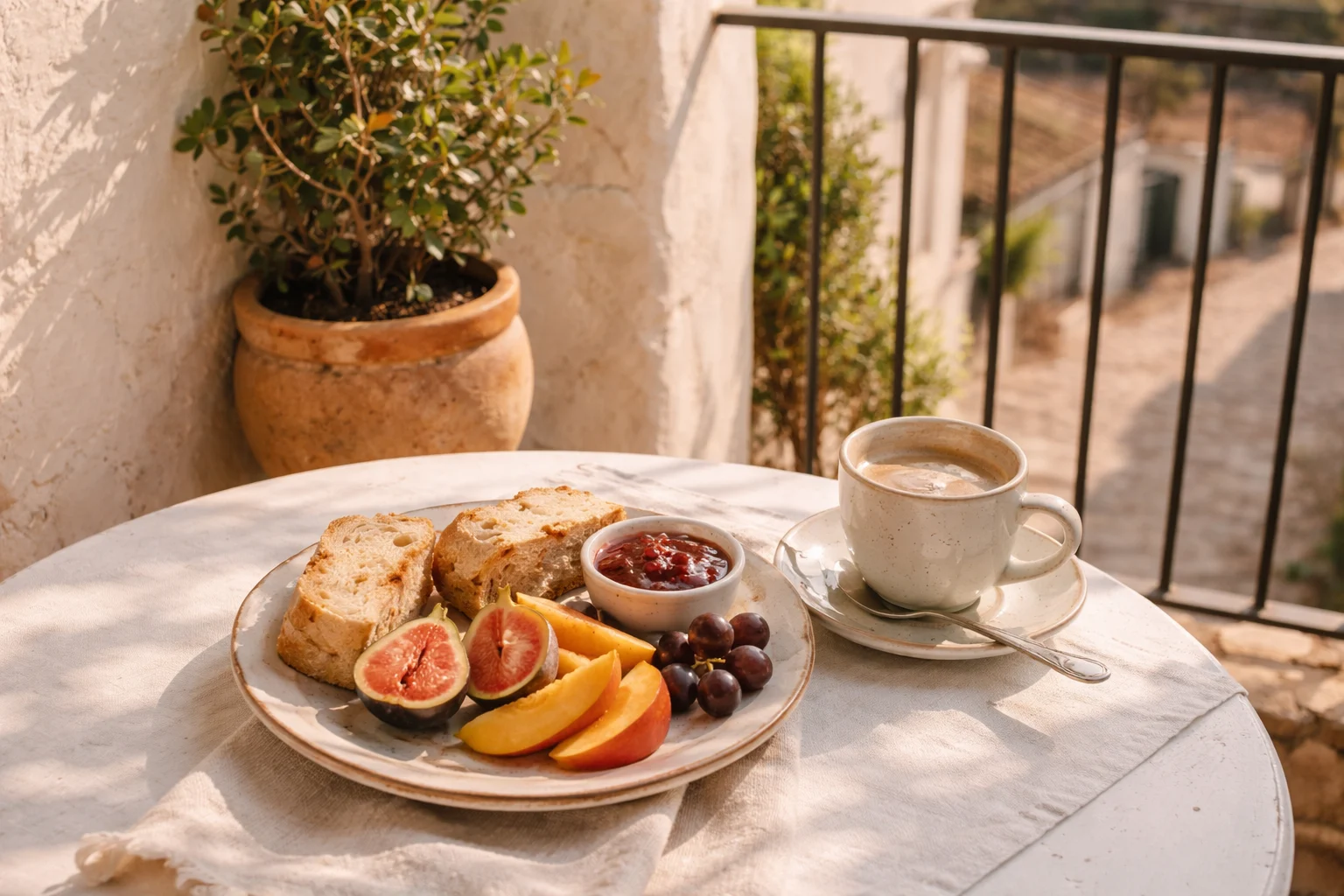 Simple breakfast on a sunlit boutique guesthouse terrace — coffee, fresh bread, fruit, whitewashed wall and cobbled street below