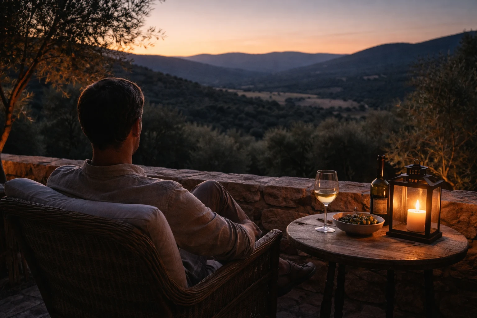 Person relaxing on a stone villa terrace in Portugal at dusk — back view, candlelight, wine glass, olive trees and valley beyond