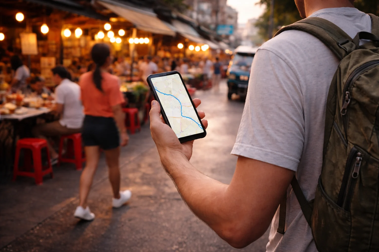 Traveller using mobile data on eSIM in Thailand, showing strong 4G signal on Airalo app with Bangkok skyline in background - Airalo review