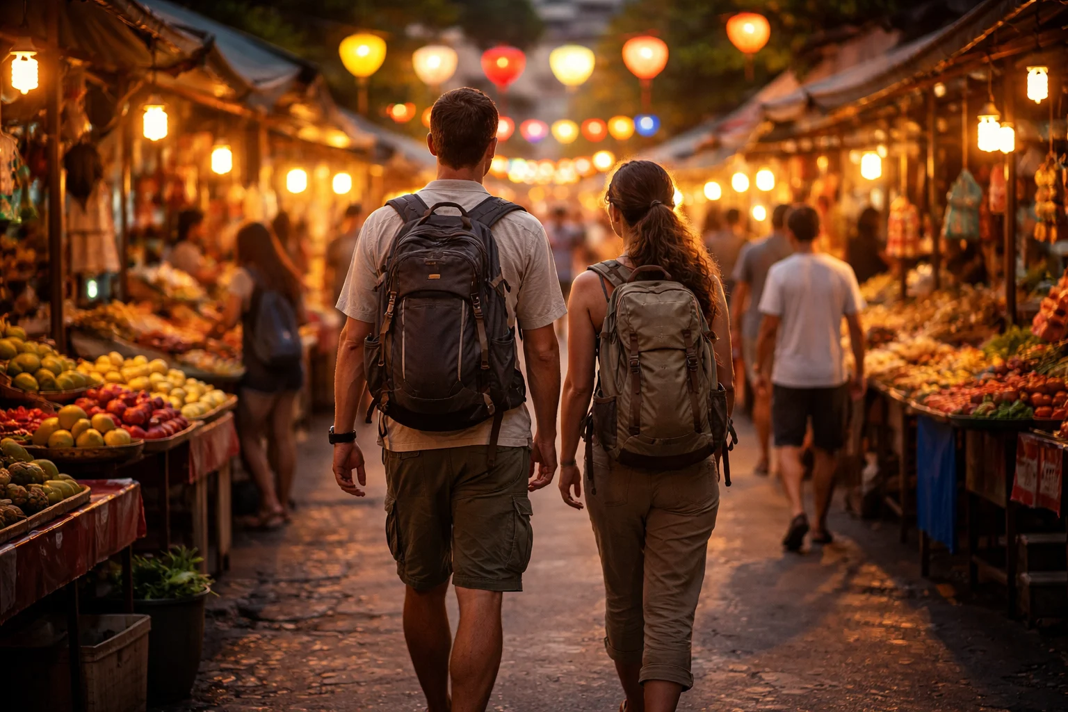 Two backpackers walking together from behind through a busy Southeast Asian street market — backpacking for couples with matching carry-on packs, warm evening light