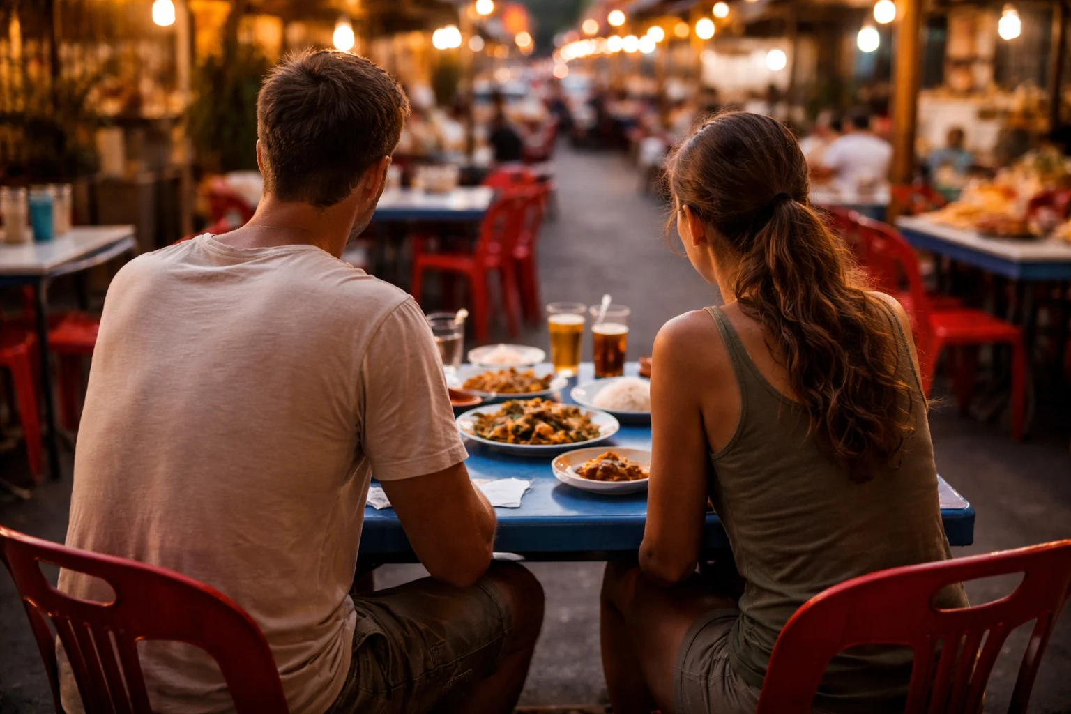Two travellers eating at a small local restaurant in Southeast Asia — backs to camera, street food on the table, warm evening light, relaxed atmosphere