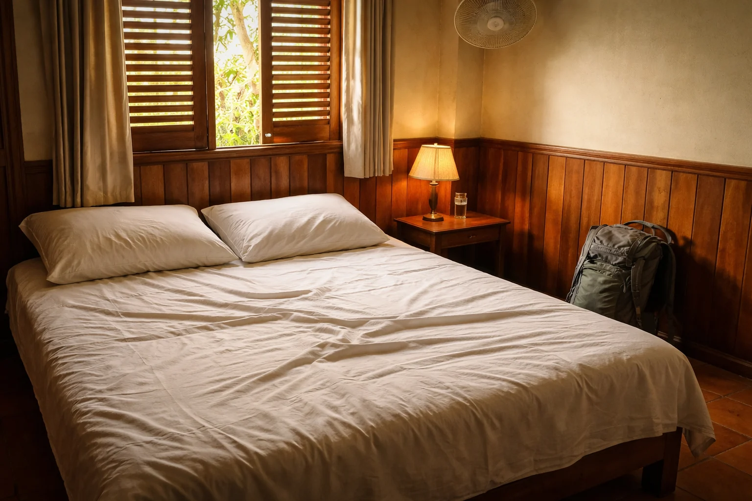 Clean private room in a Southeast Asian guesthouse — wooden shutters, white linen, small ceiling fan, backpack in the corner