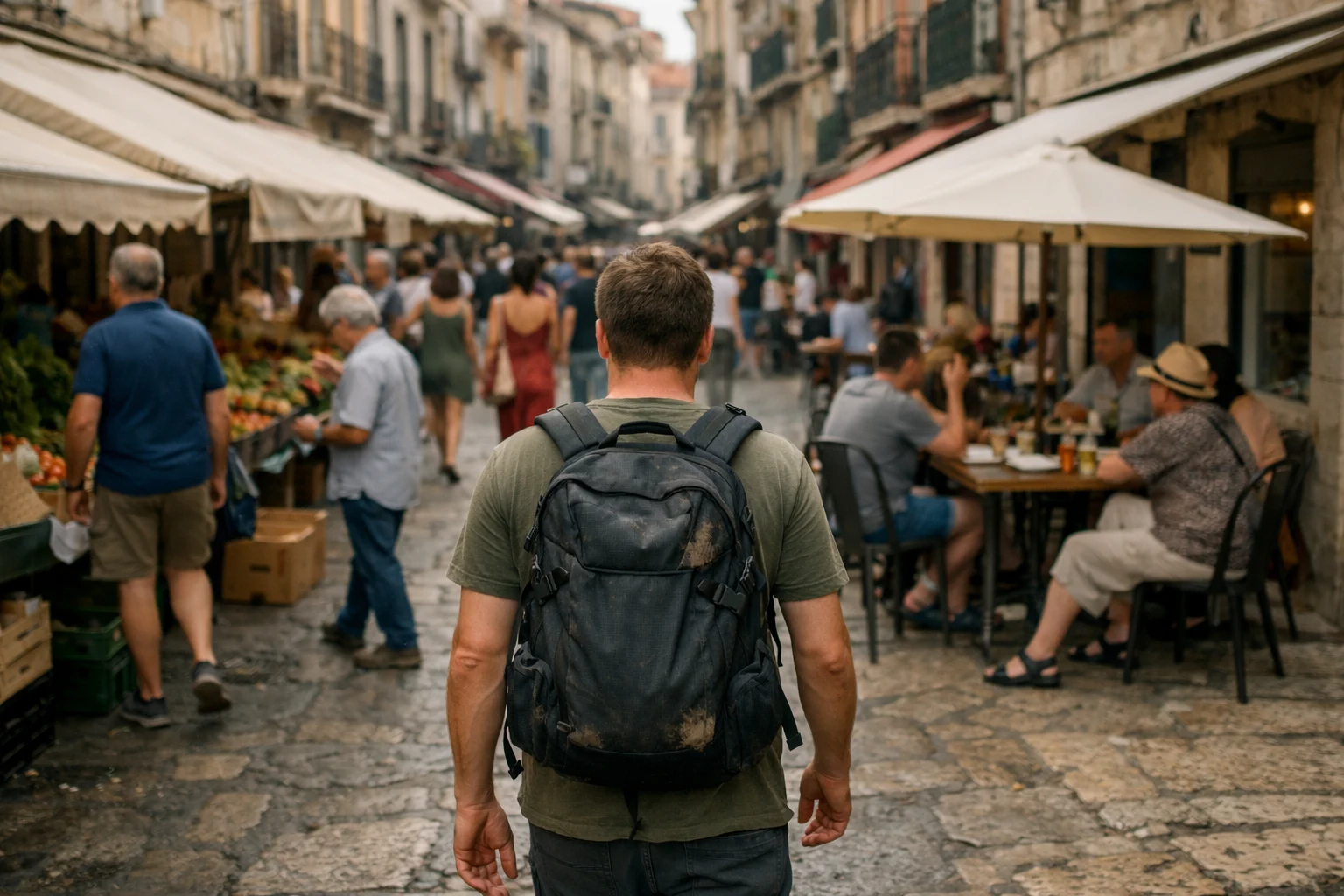 Traveler with a compact backpack walking through a sunlit European old town — backpacking tips for beginners, relaxed and confident, boutique guesthouse visible in background