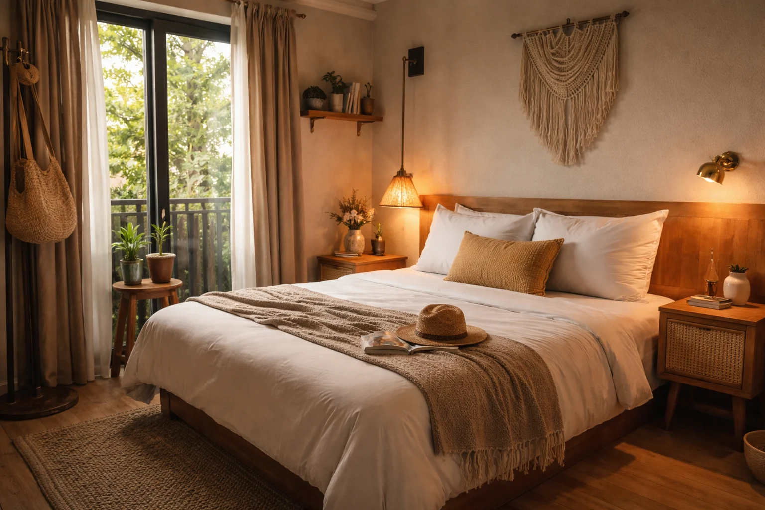 Cozy private room in a boutique hostel with clean white bedding, warm lamp light, wooden floors and a small window overlooking a European street