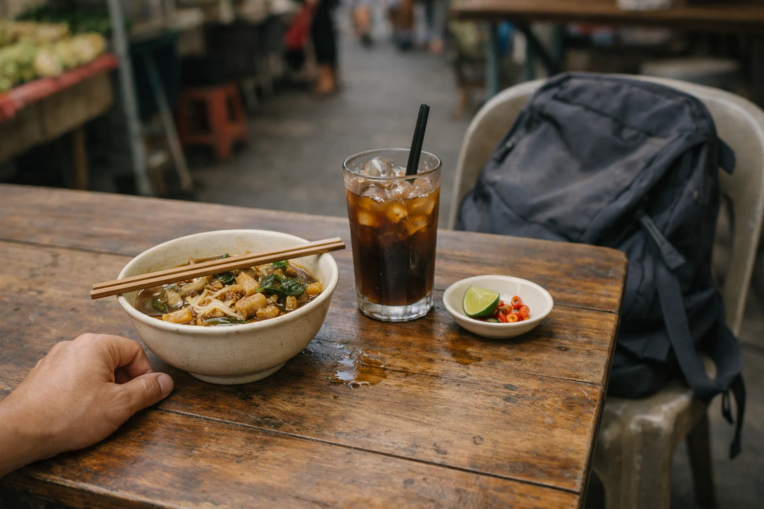 Traveler enjoying a quiet outdoor meal at a local market in Southeast Asia, relaxed expression, small daypack on chair beside them