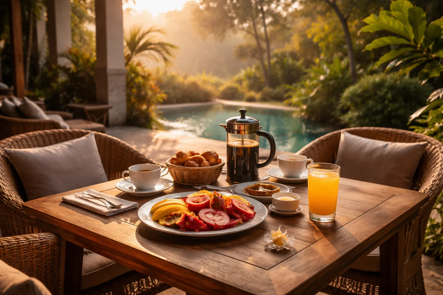 Private villa pool in Canggu Bali at sunrise with floating breakfast tray of tropical fruits and pastries, lush tropical garden reflected in still turquoise water