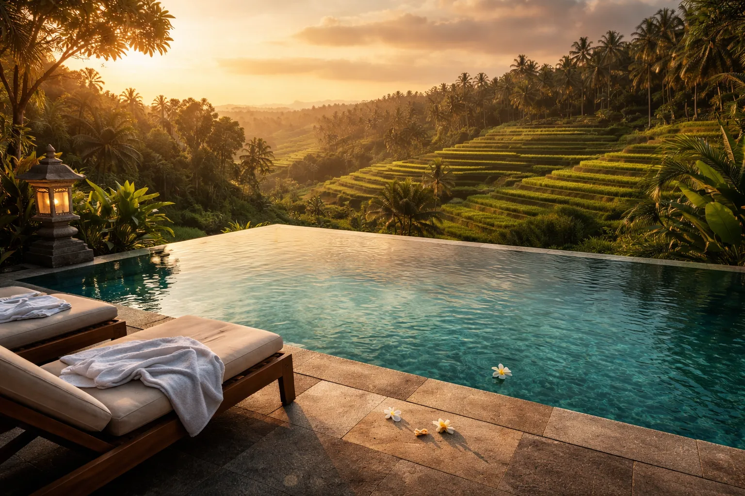 Bali villa rental with private infinity pool overlooking lush rice terraces at golden hour, four friends relaxing on sun loungers beside turquoise water surrounded by tropical palms