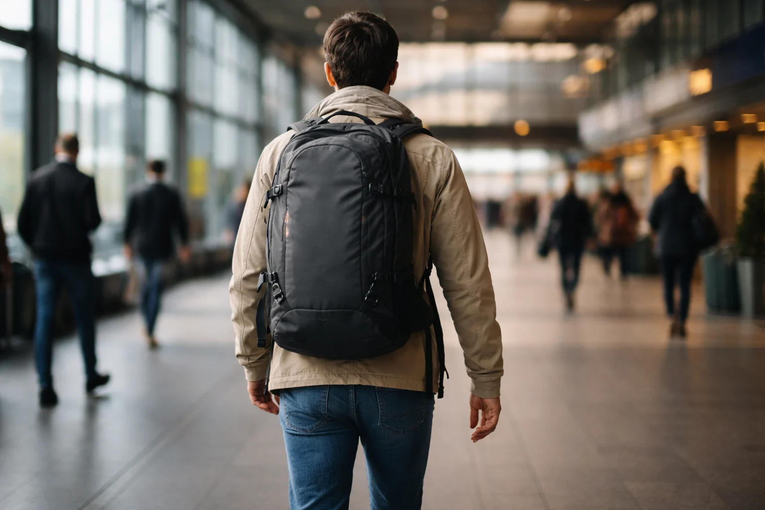 Traveler walking through an airport terminal from behind wearing a compact 35L backpack — best carry-on backpack for travel in real use