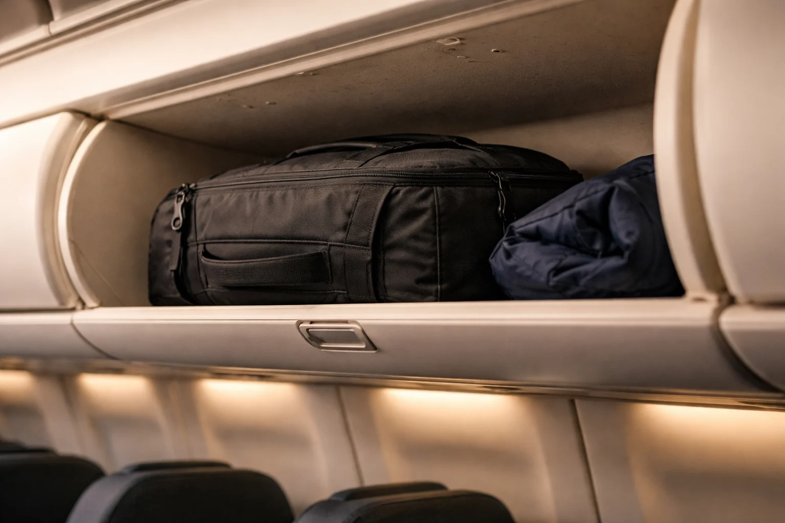 Compact 35L travel backpack placed inside an airplane overhead bin with extra space visible, showing carry-on fit