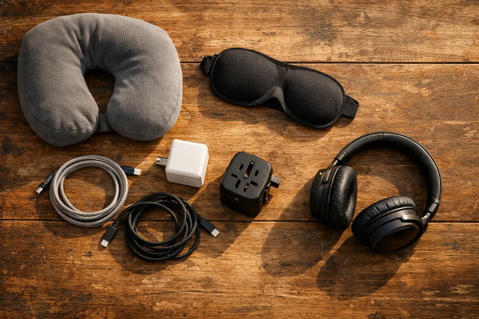 Flat lay of curated travel accessories including compact GaN charger, contoured sleep mask, noise cancelling headphones and travel adapter on a worn wooden surface, overhead view, warm natural light