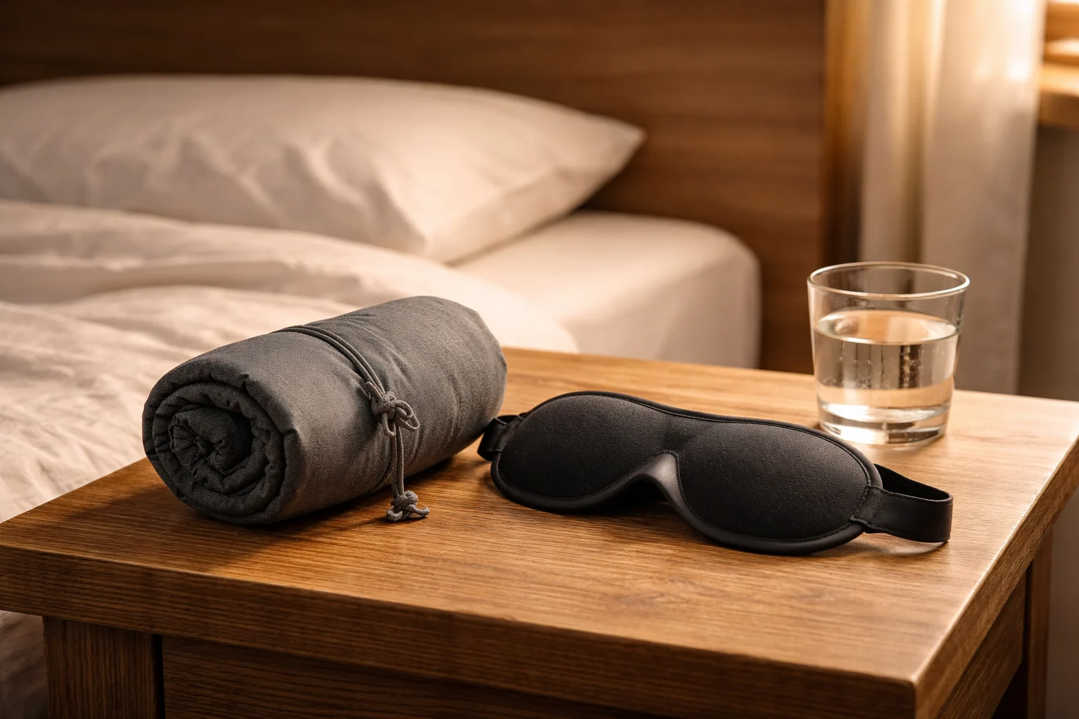 Contoured sleep mask and compact travel pillow laid out on a white hostel bunk pillow, soft morning light, top-down view showing packability and minimal weight