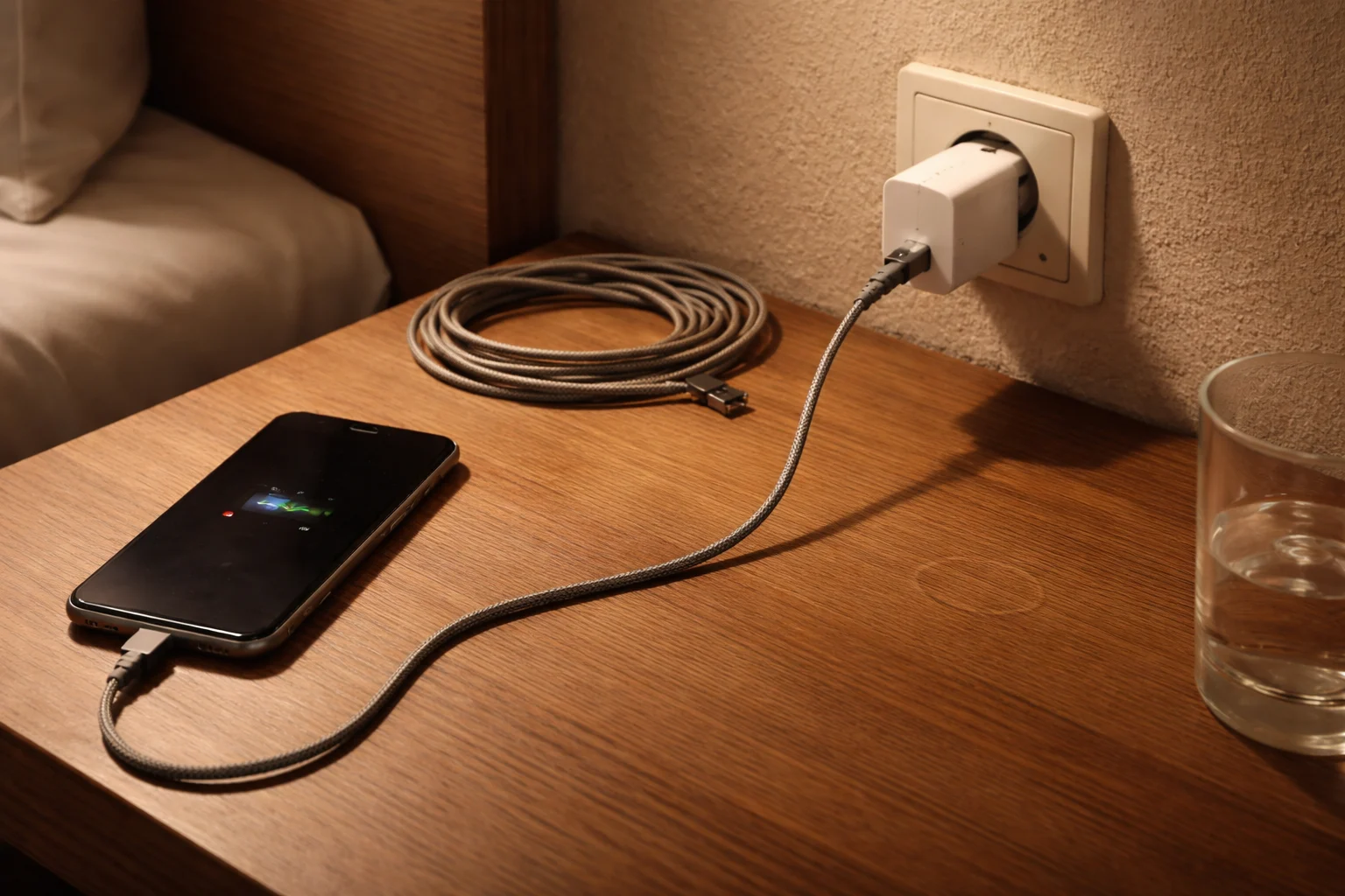 Two braided USB-C cables side by side — one short 30cm and one long 2m — coiled neatly on a grey backpack top pocket, showing compact storage and contrast in length