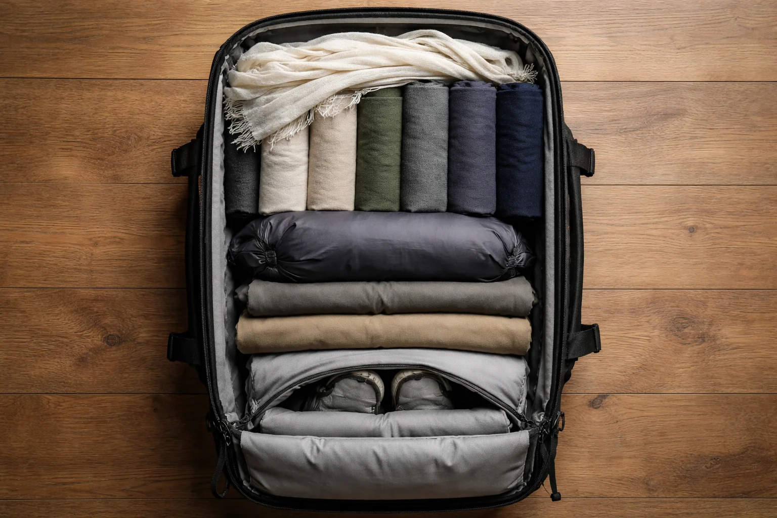 Open 40L travel backpack showing capsule wardrobe pack order: shoes at base, trousers flat, merino tops rolled vertically, scarf on top, demonstrating efficient one-bag packing
