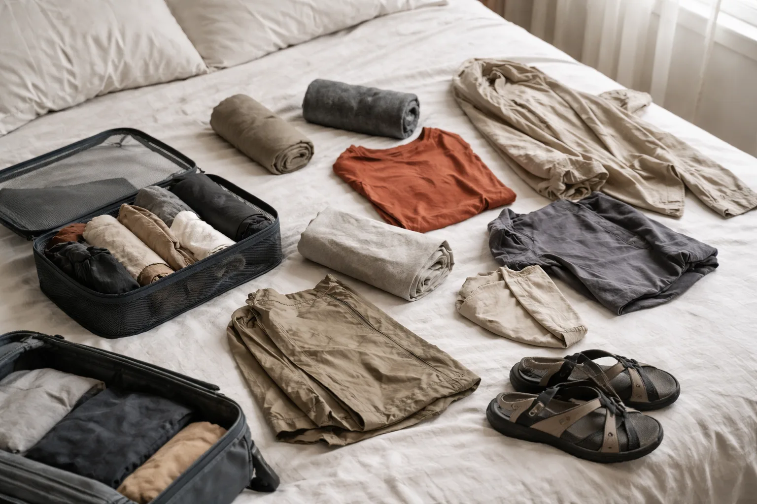 14 travel clothing items rolled and packed in a 40L backpack compartment, showing space-efficient packing method with merino tops stacked vertically, warm neutral tones