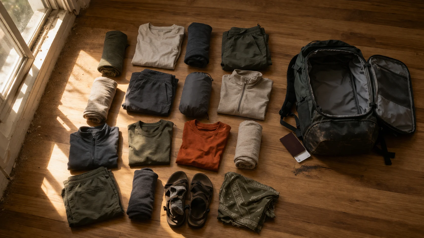 Flat lay of a 15-piece capsule wardrobe for travel arranged beside a 40L backpack on a wooden floor, neutral palette with one terracotta accent piece, natural light