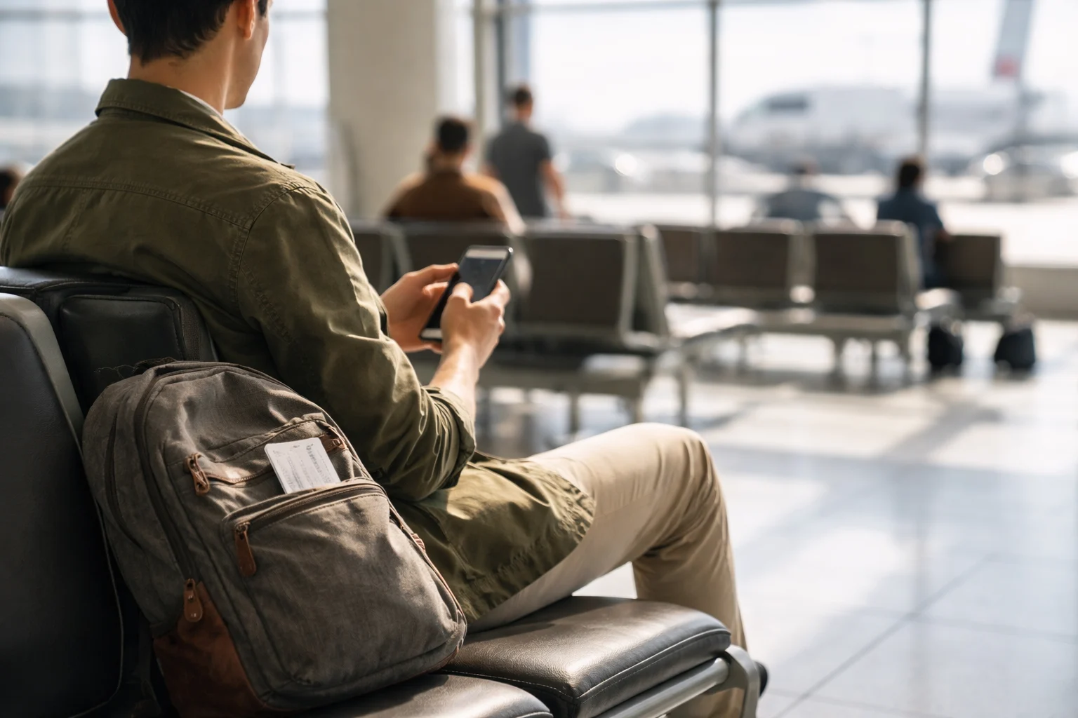 Traveler with a carry-on backpack reviewing flight options on a laptop at a sunlit airport terminal, searching for cheap flight hacks before a backpacking trip