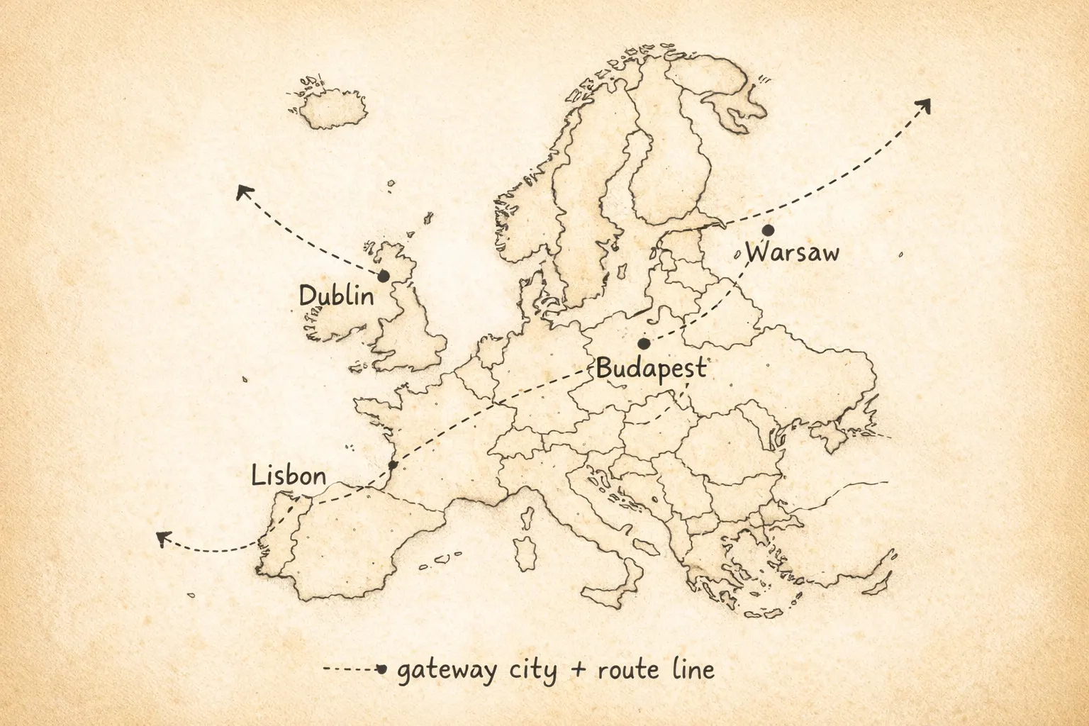 Illustrated map of Europe highlighting Lisbon, Dublin, Budapest and Warsaw as cheap long-haul gateway cities for backpackers, with connecting budget airline routes marked