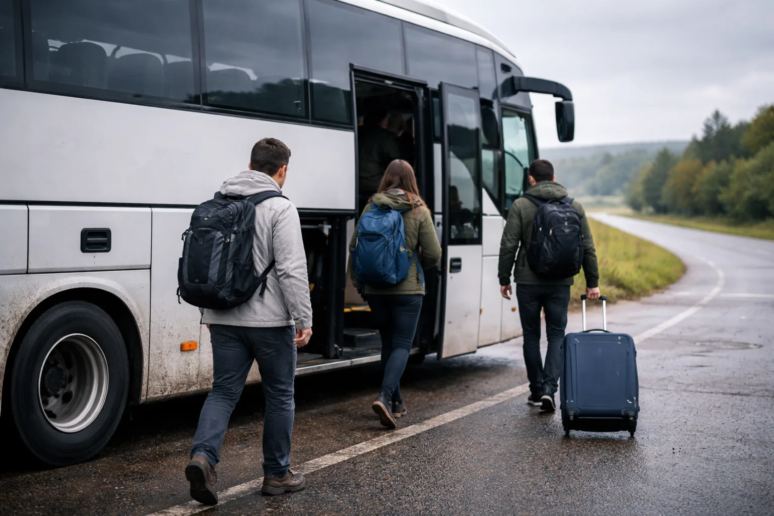 RegioJet bus boarding at a Czech Republic stop — a reliable budget transport option for Eastern Europe backpackers