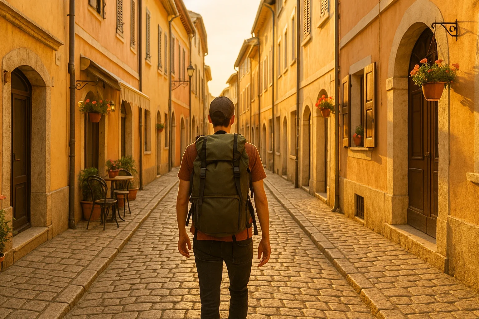A backpacker with a large travel pack navigates the charming, historic cobblestone streets of a European city, surrounded by vibrant architecture and bustling street life, during the best time to travel Europe, with mild weather and fewer crowds for an optimal adventure.