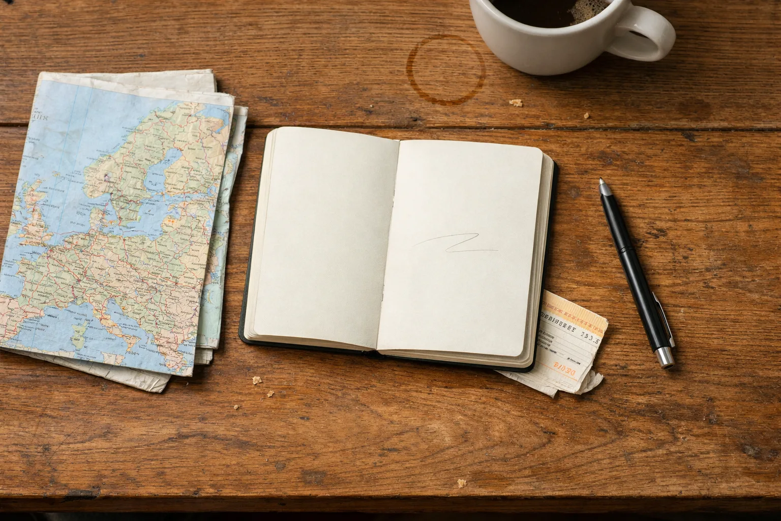 Travel planning setup with map of Europe, open notebook, coffee, pen, and train ticket on wooden table