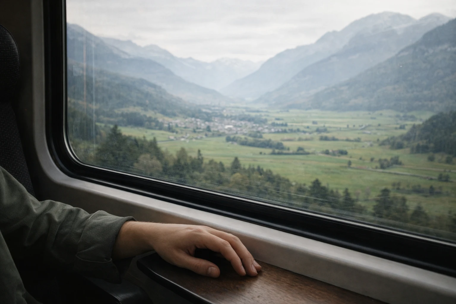 Scenic view of green valley and mountains through a train window in Europe