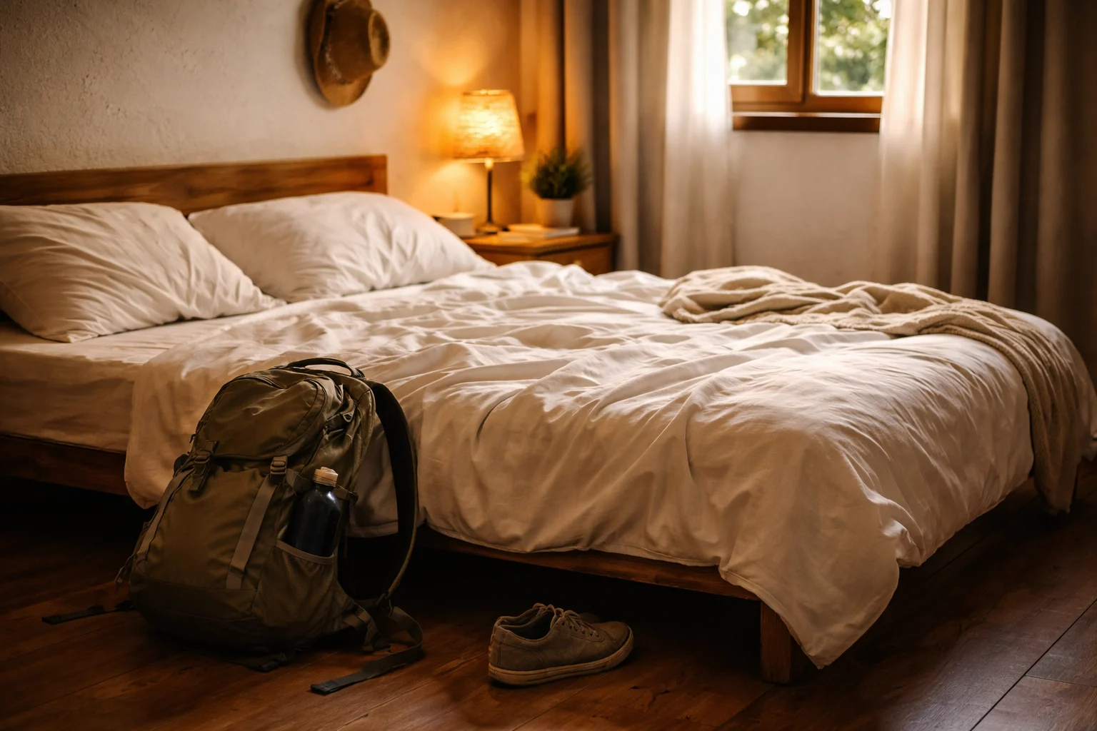 Bright modern private room in a boutique European hostel — clean white linens, wooden accents, tall window overlooking a quiet courtyard, morning light, no bunk beds in sight