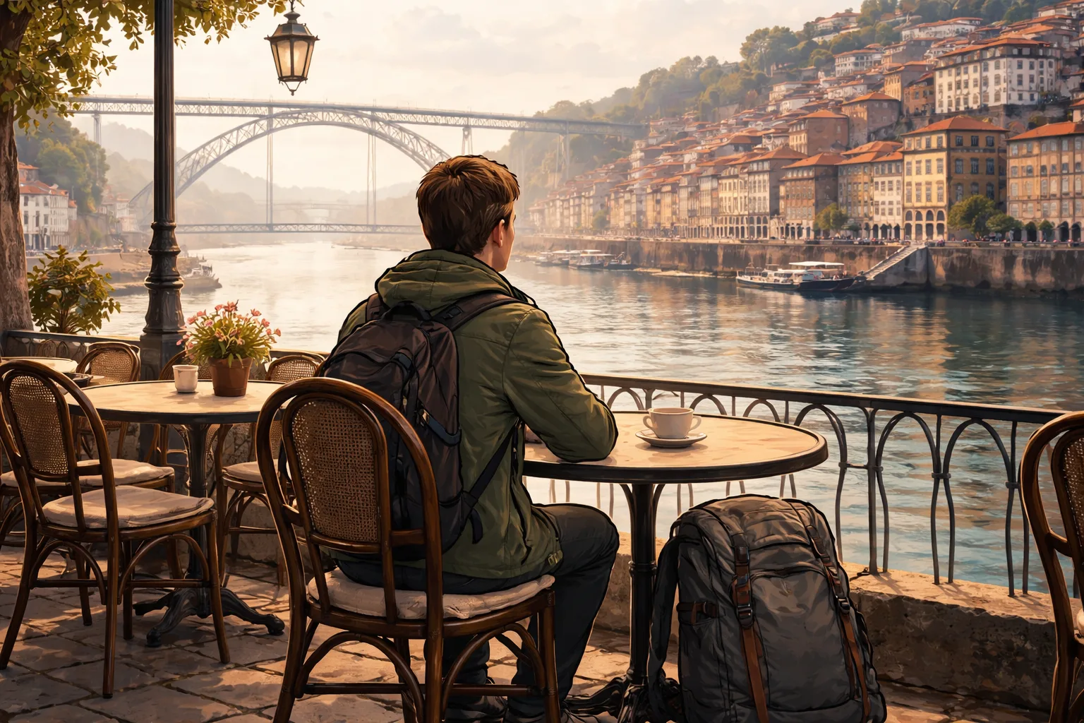 Solo backpacker sitting at a café terrace in Porto's Ribeira district, overlooking the Douro River on a quiet morning, a single bag at their feet — the slow, unhurried energy of a comfort-first recovery day in an underrated European city
