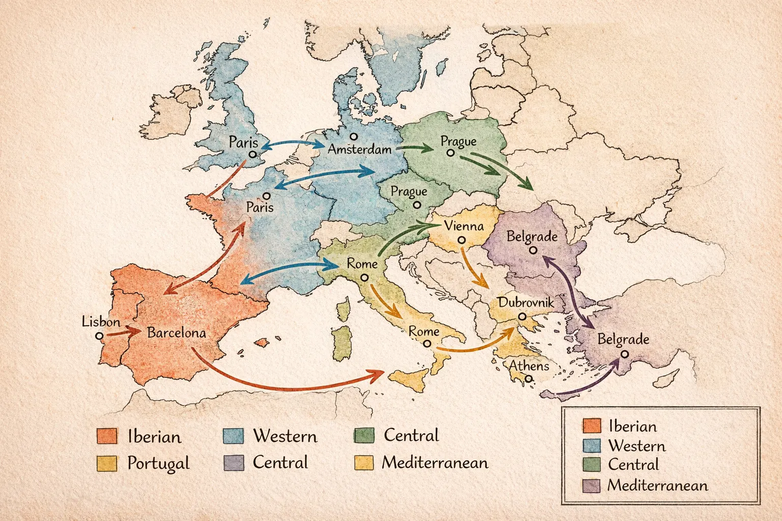 Hand-drawn style map of Europe divided into five color-coded backpacking route clusters — Iberian, Western, Central, Mediterranean, and Balkans — with key cities marked and directional arrows showing comfortable forward-moving travel paths