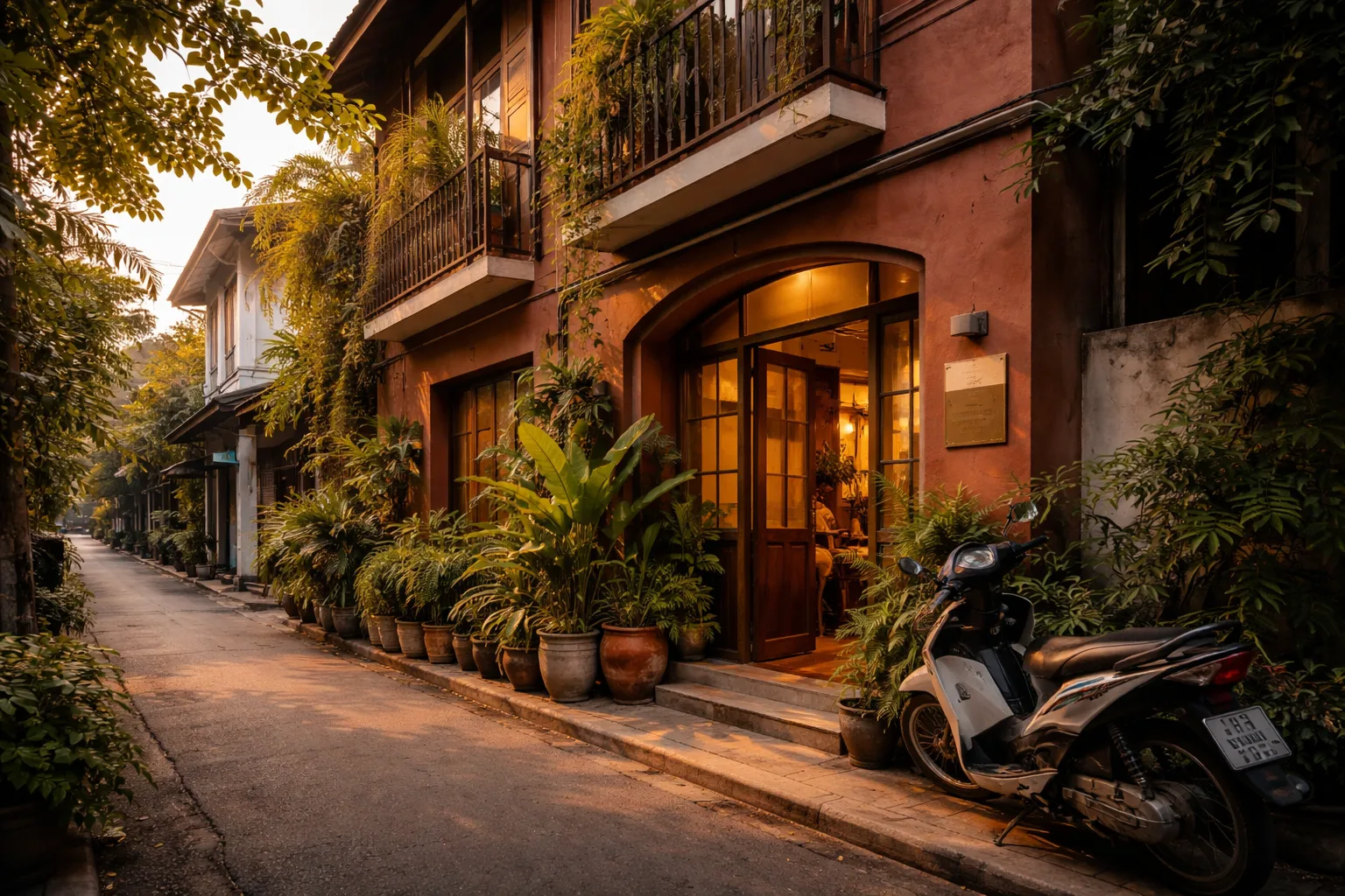 Narrow shophouse hotel in Bangkok Ari with tropical plants and warm evening light — affordable boutique hotel Bangkok