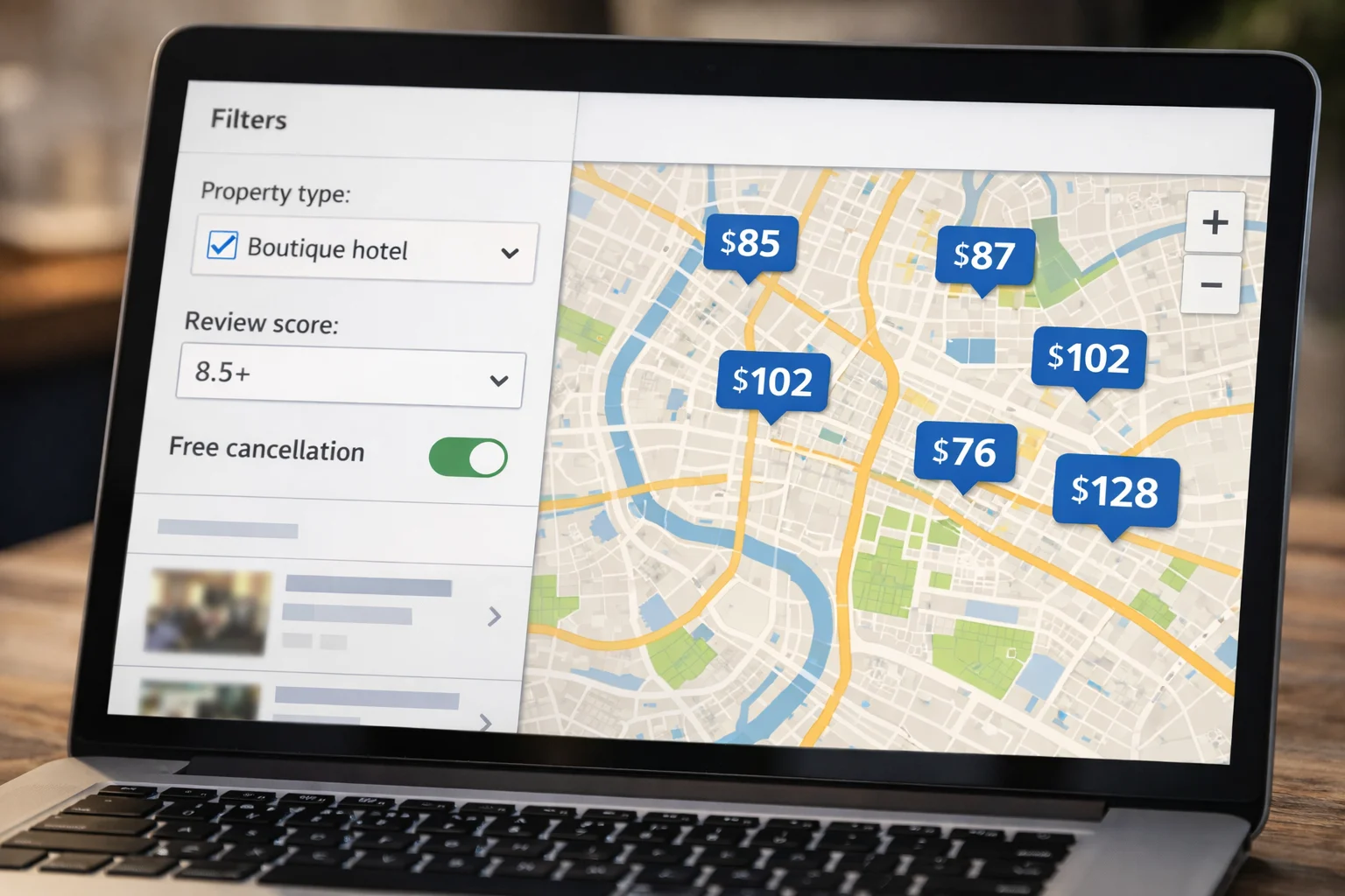 Booking.com map view with boutique style filter and 8.5-plus review score active — finding cheap boutique hotels