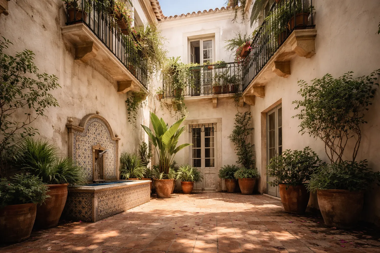 Sunlit Lisbon courtyard hotel with terracotta tiles and wrought-iron balconies — a boutique hotels on a budget find