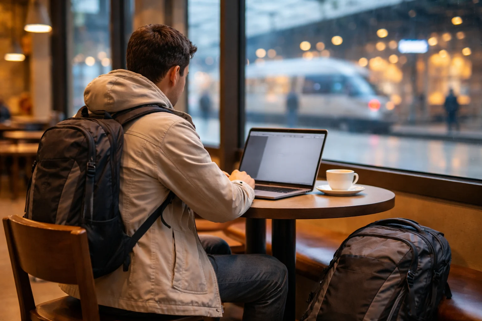 Traveler comparing FlixBus, Interrail, and Ryanair prices on a laptop at a European train station cafe