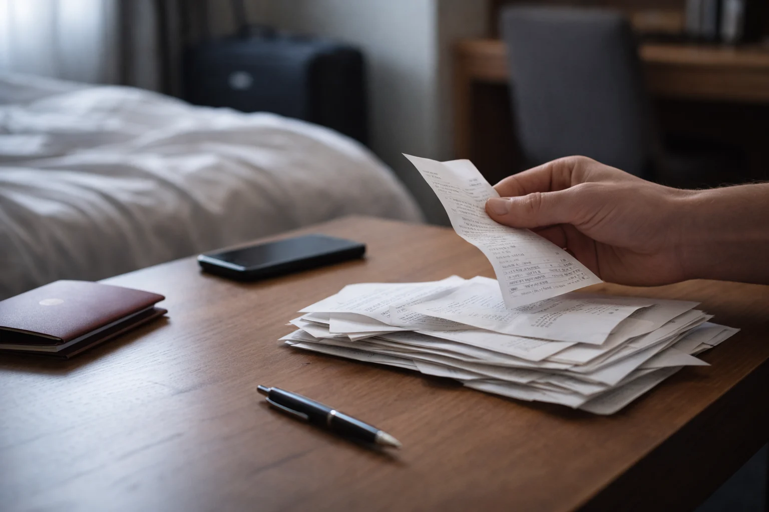 Traveler organizing insurance claim documents and receipts on a hotel desk