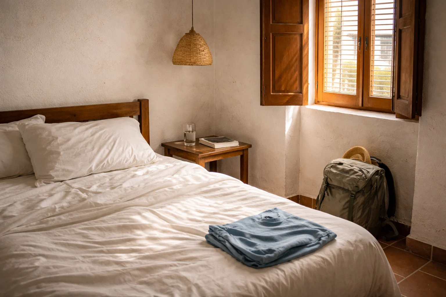 Cosy private room in a small boutique guesthouse, whitewashed walls, wooden bed frame, morning light through shuttered window — quiet residential neighbourhood feel
