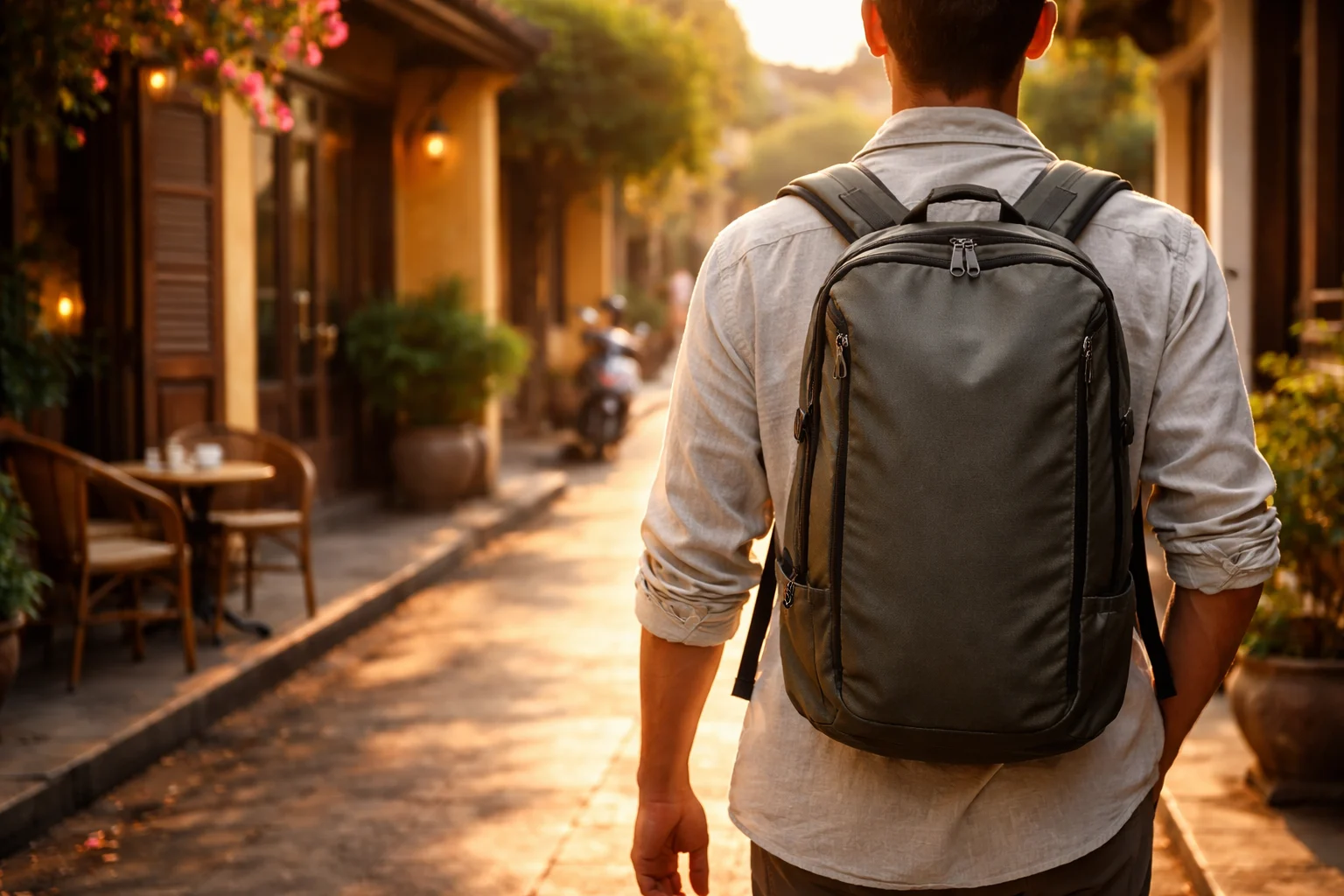 Comfortable luxury backpacking in Southeast Asia — traveler with a compact carry-on pack enjoying a private guesthouse room with AC and natural light