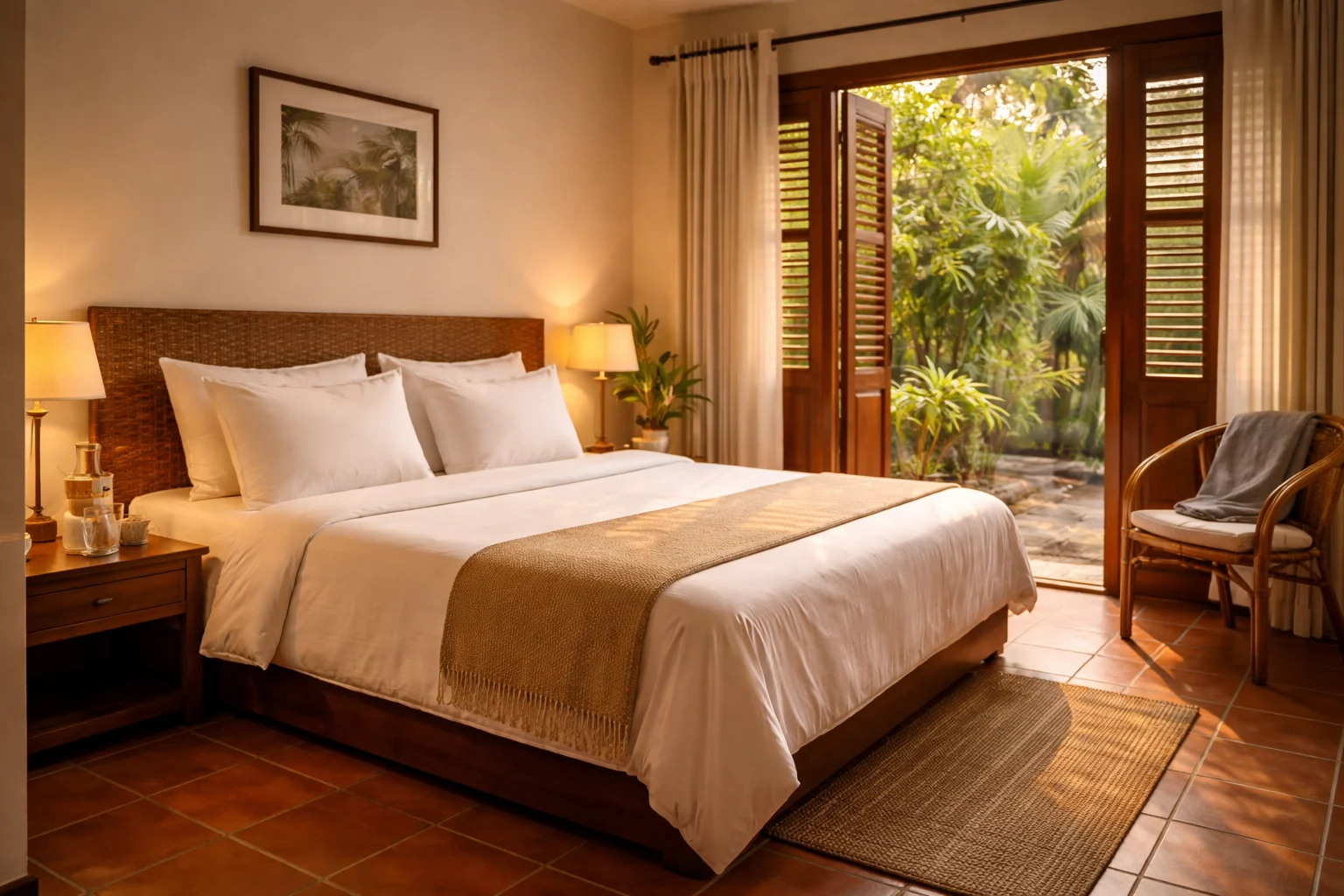 Bright, clean private guesthouse room in Southeast Asia with a double bed, ceiling fan, white linens, and natural light through wooden shutters — comfortable and affordable