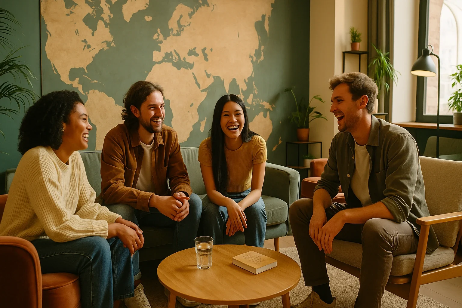 Backpackers enjoying a vibrant community event at a luxury hostel in Europe