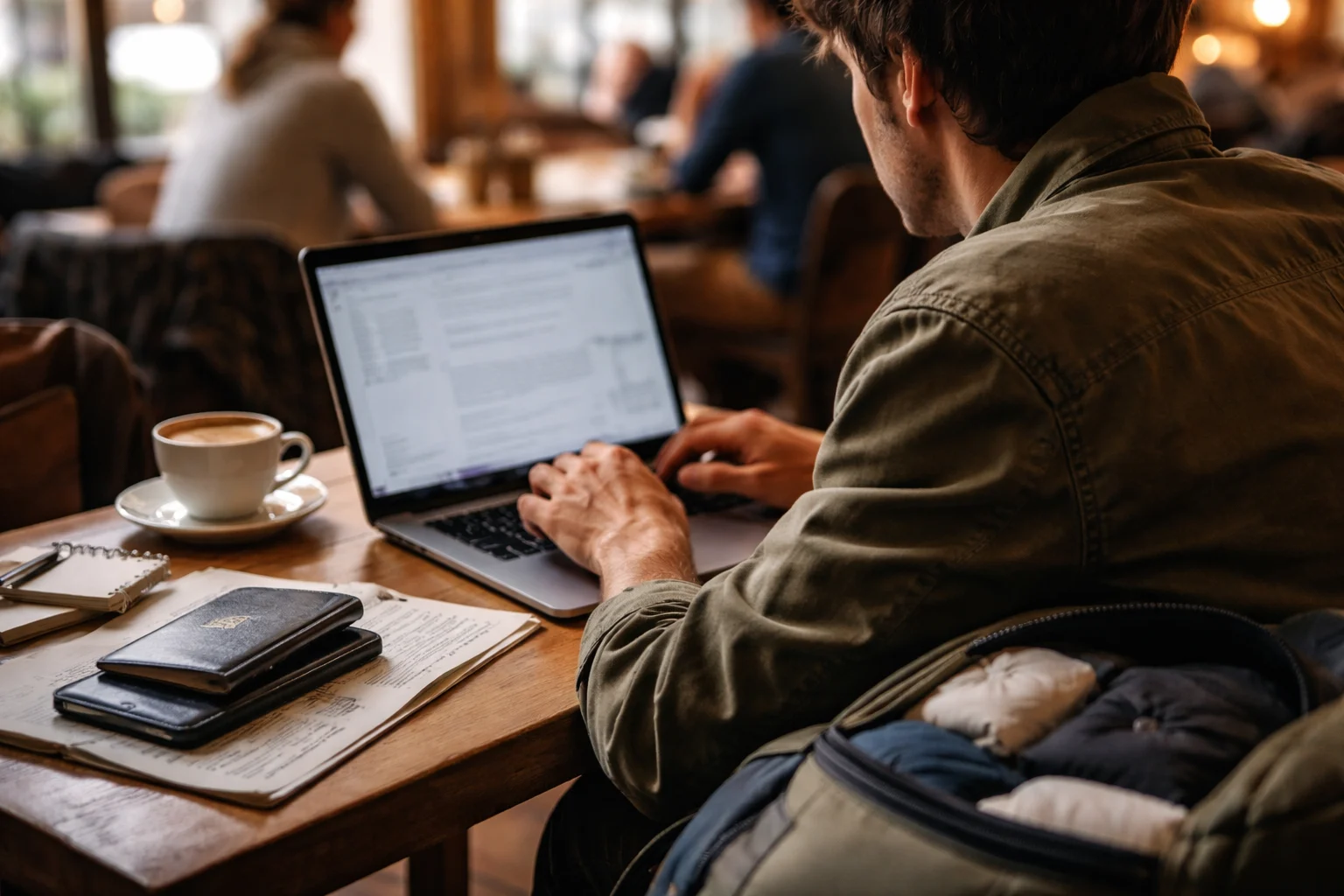 Young backpacker on laptop applying for no annual fee travel credit card at a hostel common room, backpack and passport on the table beside them