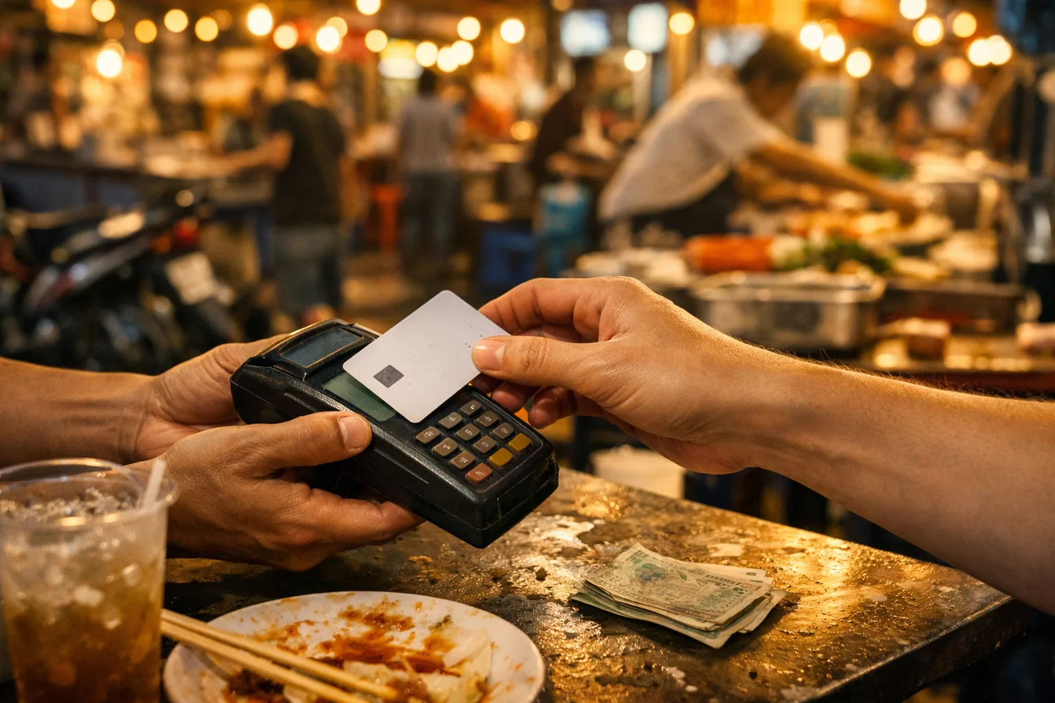 Backpacker comparing no foreign transaction fee cards at a Southeast Asia night market — travel credit cards and Wise card laid out under warm street food stall lighting