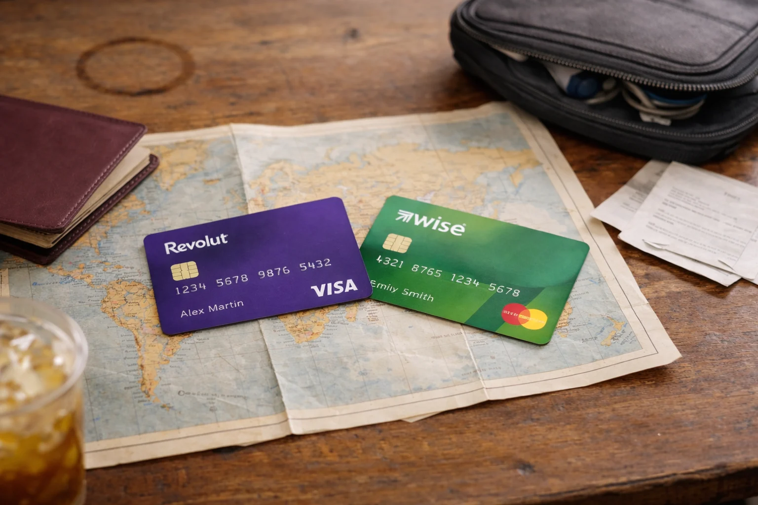 Wise debit card and Revolut card laid on a travel map alongside a passport, mid-market exchange rate comparison for backpackers traveling internationally