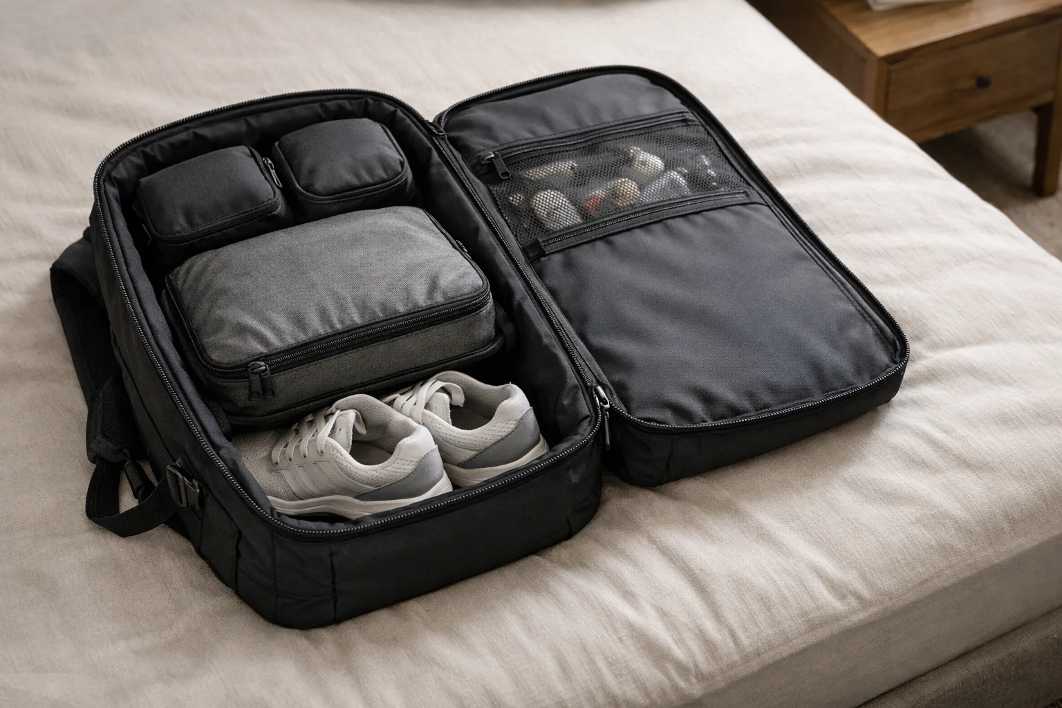 Open 40L clamshell backpack on a bed showing interior layout — compression cube, sneakers, toiletry bag and tech pouch packed inside, ready for a backpacking trip
