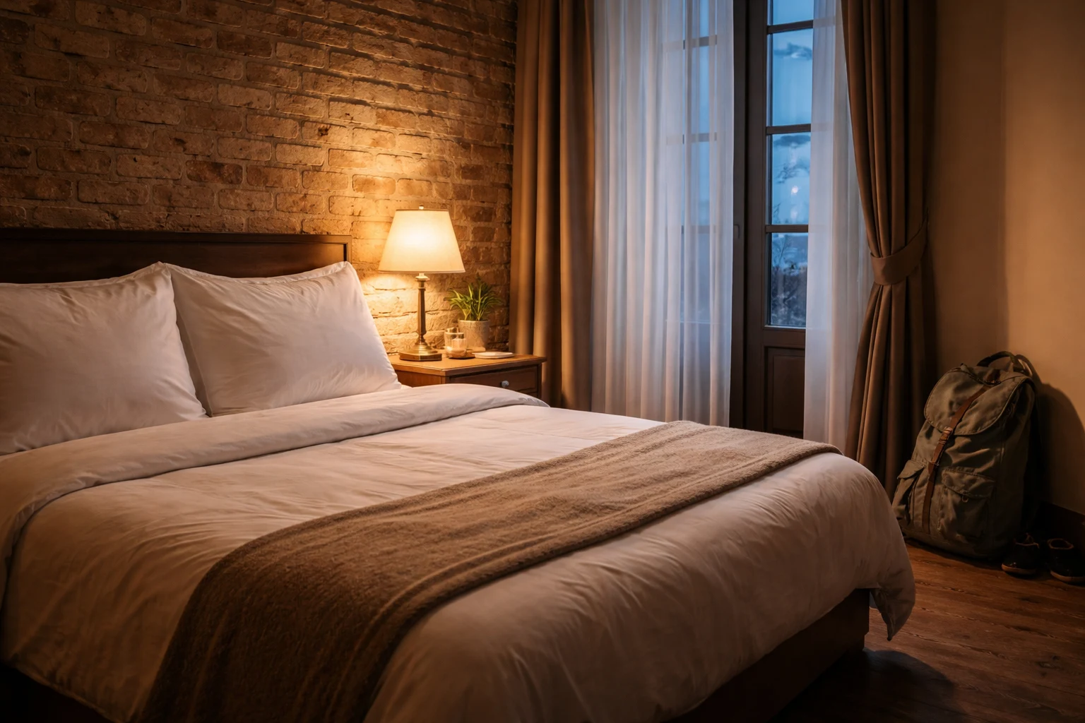 Boutique hotel room in Budapest, warm lamplight and exposed brick walls, accessible at shoulder season prices