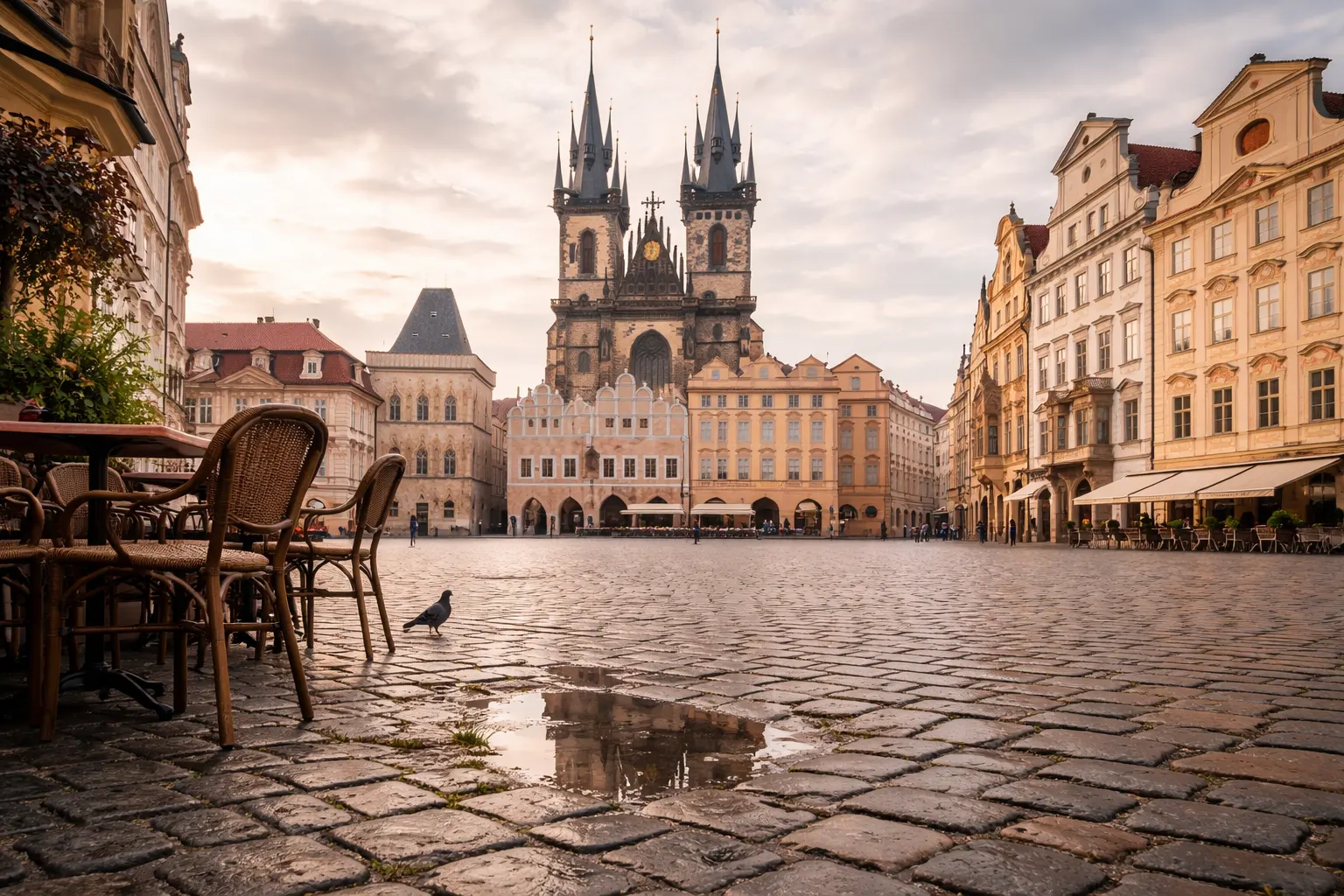 Prague old town in September soft morning light, few crowds — shoulder season Europe at its quietest