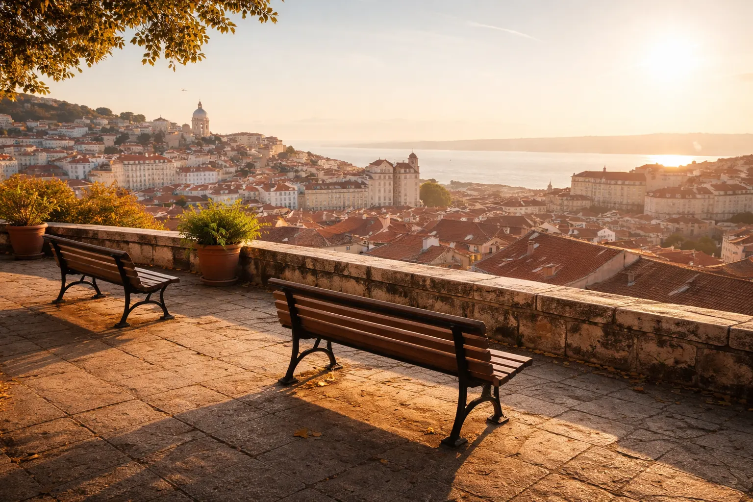 Quiet Lisbon street during shoulder season travel, golden afternoon light, nearly empty viewpoint terrace and terracotta rooftops