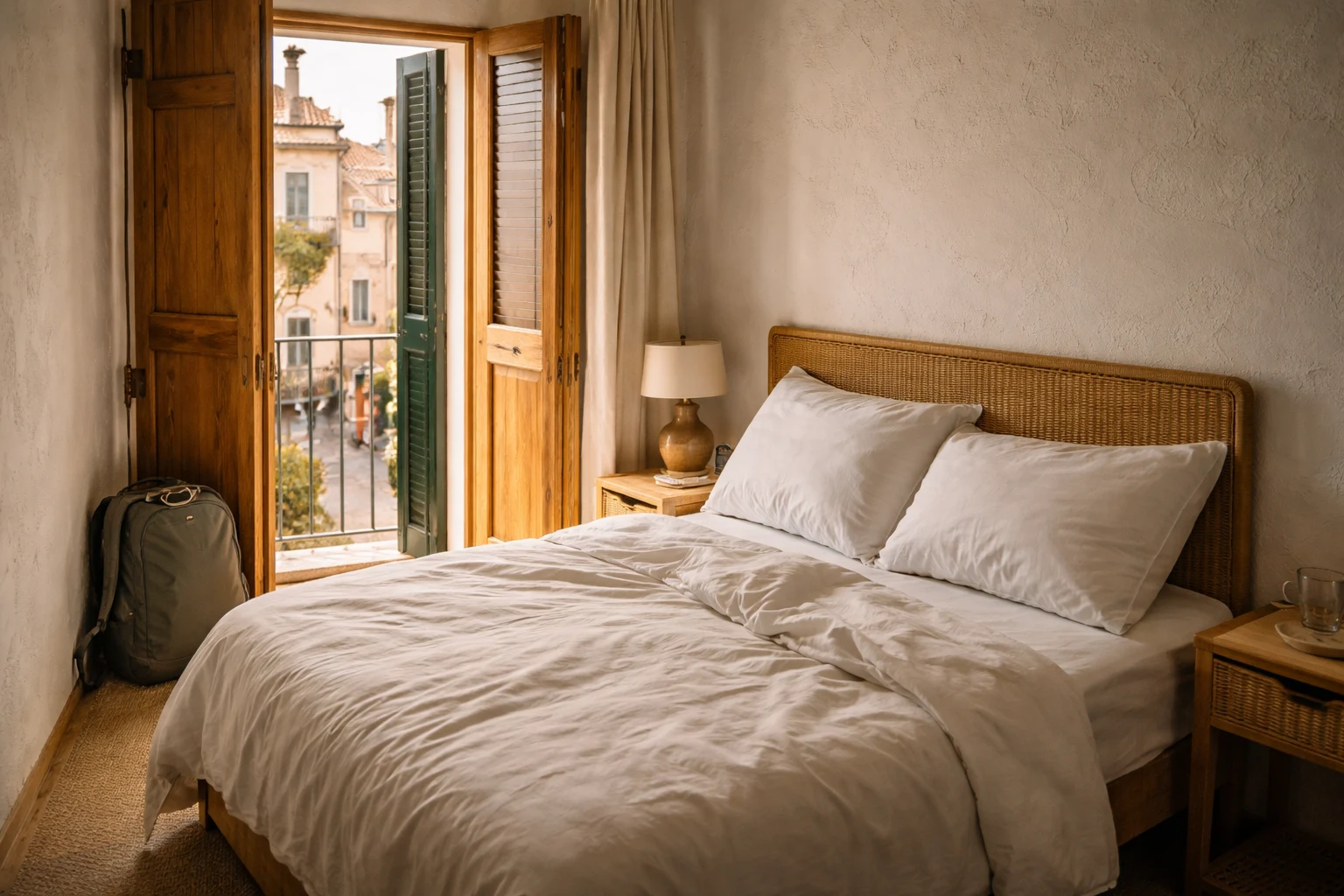 Bright private room in a boutique guesthouse with whitewashed walls, wooden shutters open to a sunlit street, bed with clean linens, compact but comfortable and well-located