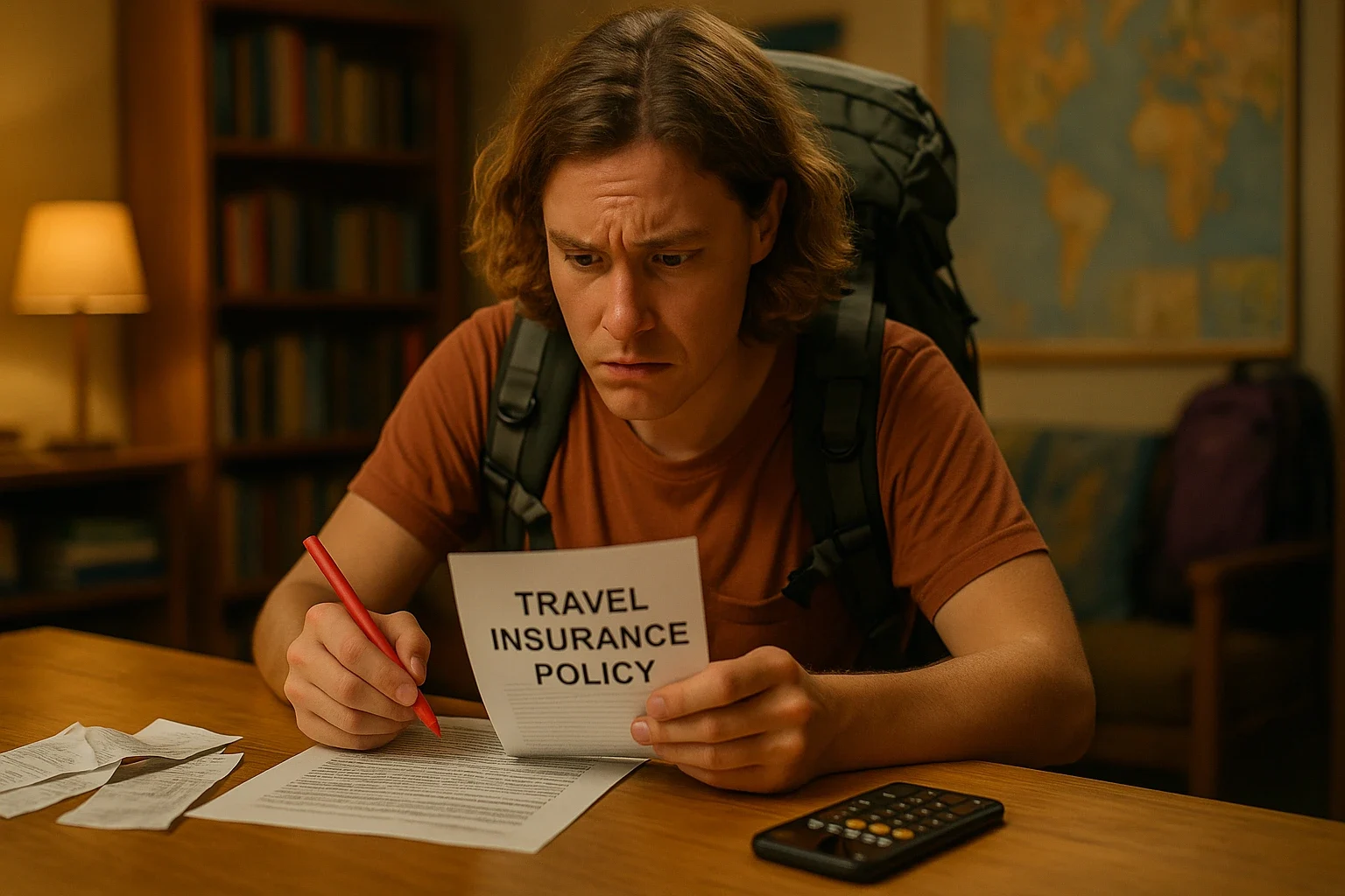 Backpacker checking travel insurance details